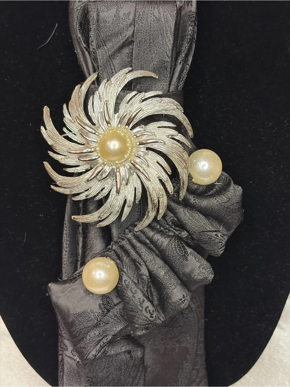 Express Black Paisley Satin Scarf with Pearl & Floral Brooch Accent